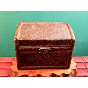 Wooden Treasure Chest Jewelry Box Leather Embossed W/ Floral Pattern Carved Trim